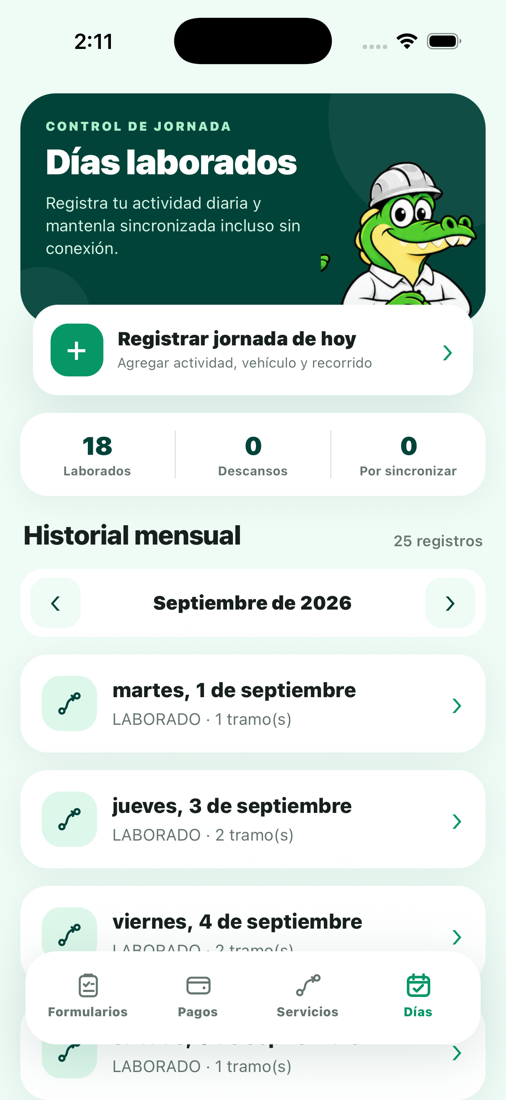 Historial mensual de días laborados con métricas del mes