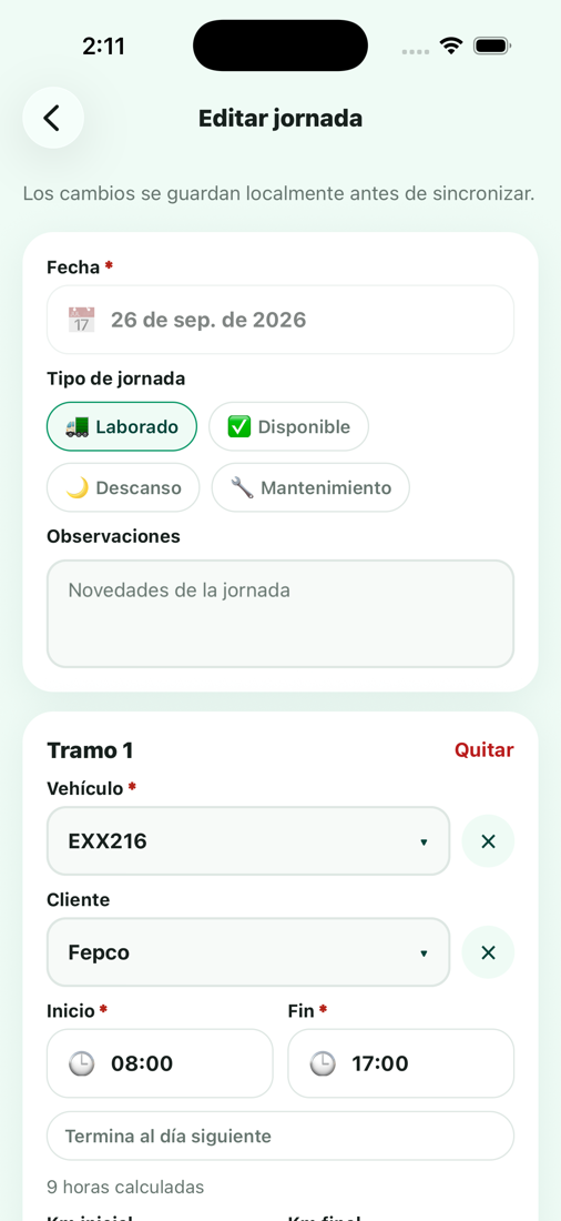 Pantalla de registro de jornada con selección de vehículo, cliente y horas de inicio y fin