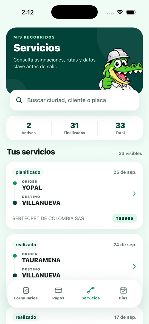 Listado de servicios asignados con origen, destino, cliente y placa